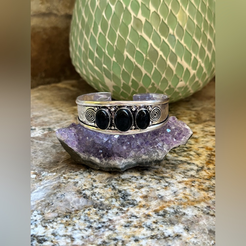 Silver Black Onyx Stone Cuff Bracelet